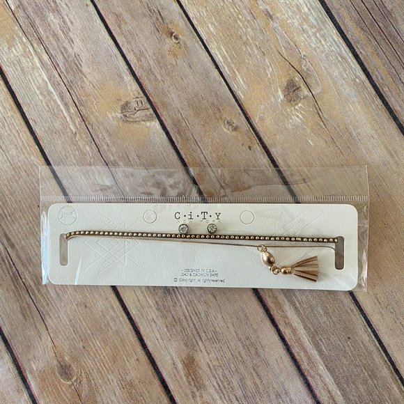 City New York Women's Brown Two Strand Choker Necklace & Earring Set Gold Studs - Picture 3 of 3